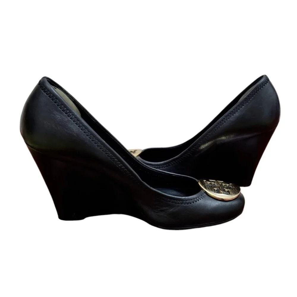 Tory Burch Black Leather Wedge Pumps with Gold Logo
